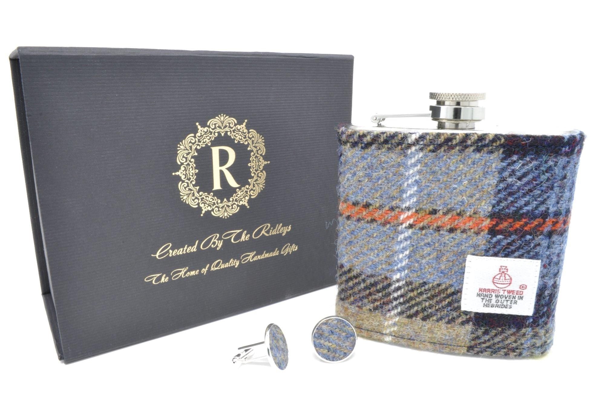 Harris Tweed Hip Flask with matching cufflinks- Best Man, Father of the Bride, Wedding Gift, Gift Boxed