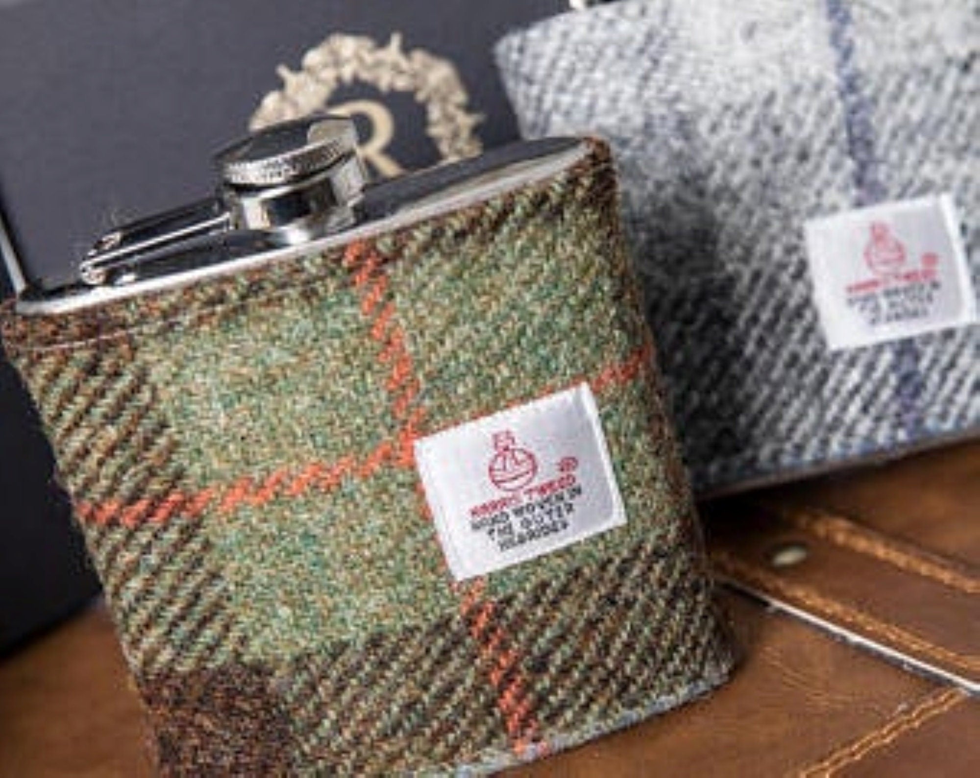 18th Birthday 21st  Personalised Harris Tweed Hip Flask Gift Box Tartan Best Dad Ever -Best Man Gift Usher Gift Wedding McLeod Tartan