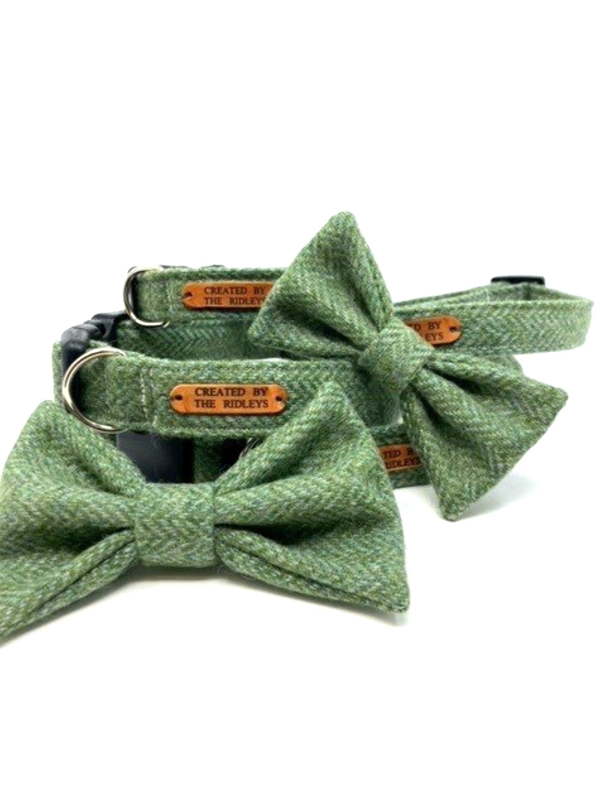 Handmade Tweed Dog Collar - Green Herringbone - British Tweed - Handmade