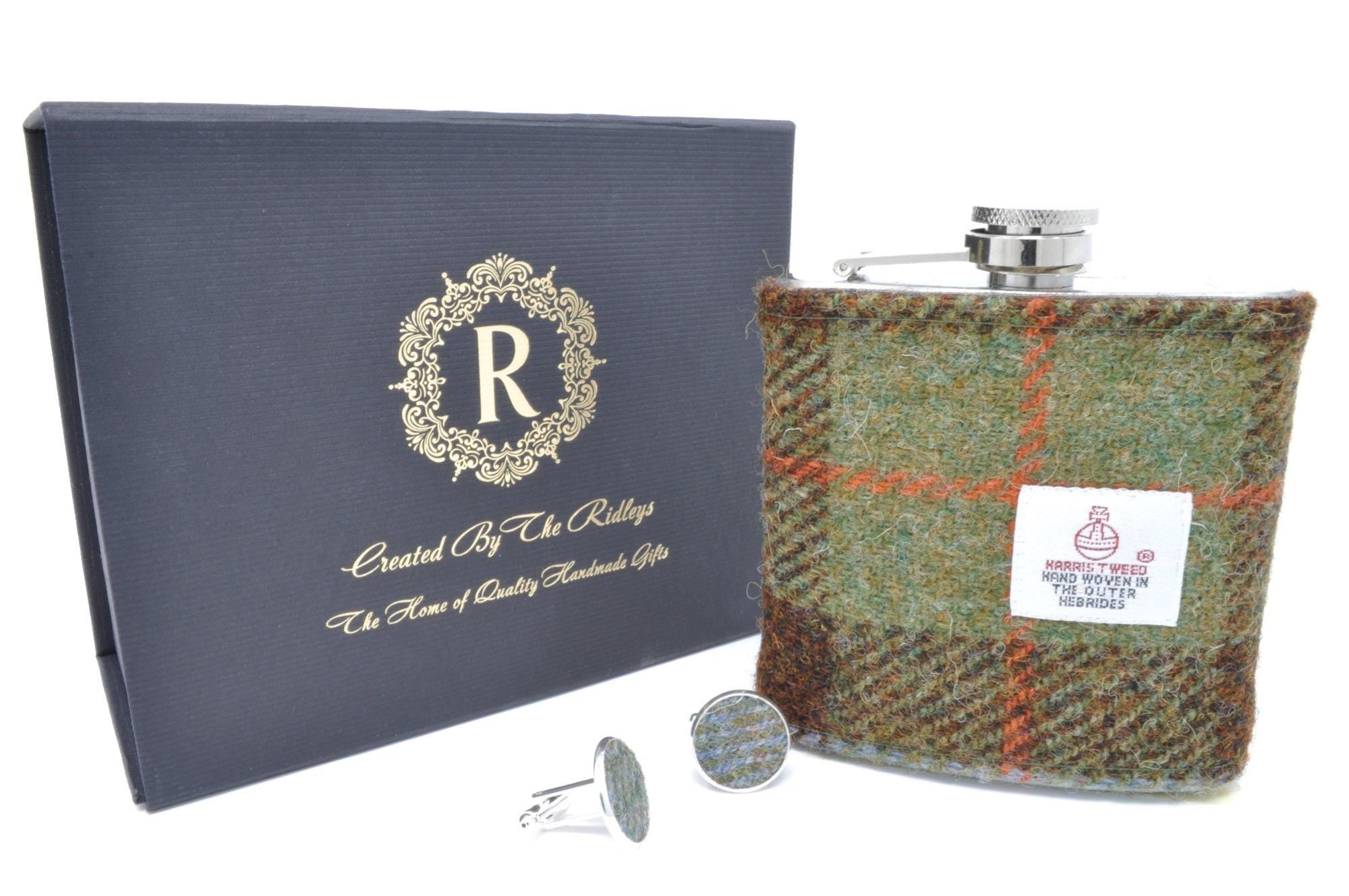 Harris Tweed Hip Flask with matching cufflinks- Best Man, Father of the Bride, Wedding Gift, Gift Boxed