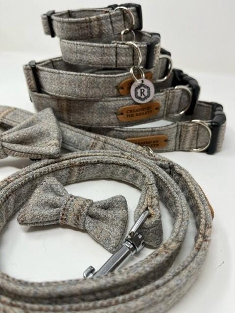 Handmade Tweed Dog Collar - Traditional CheckBeige/Grey - British Tweed - Handmade