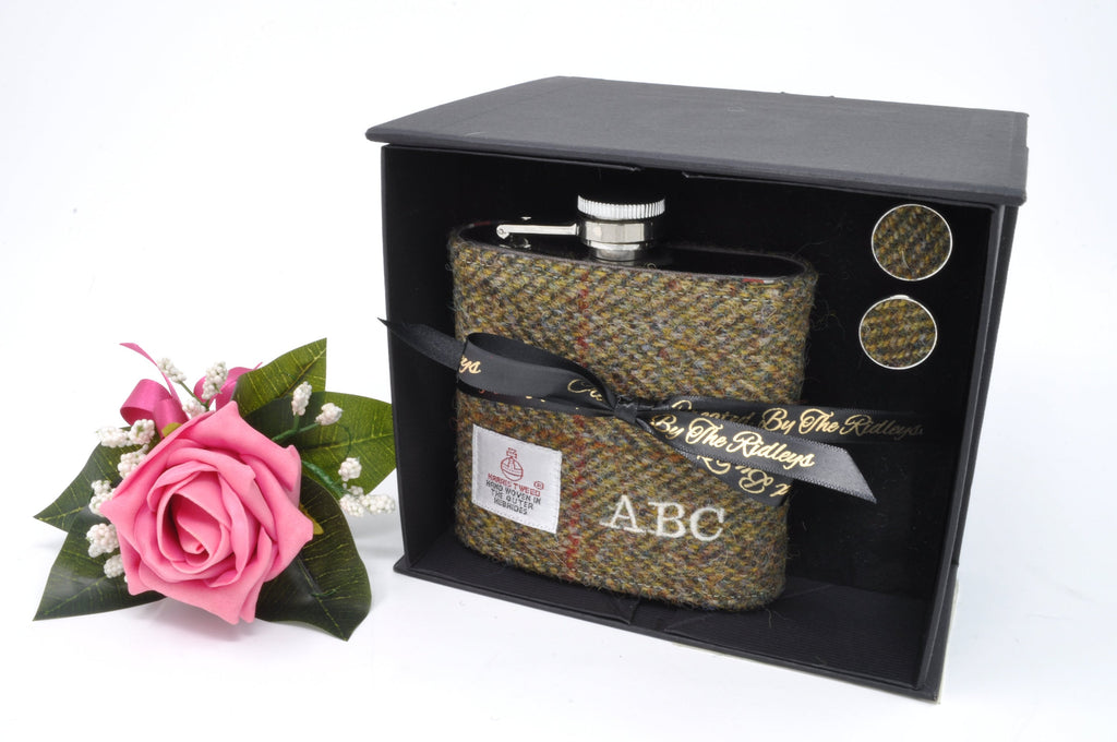 Harris Tweed Hip Flask with matching cufflinks- Best Man, Father of the Bride, Wedding Gift, Gift Boxed