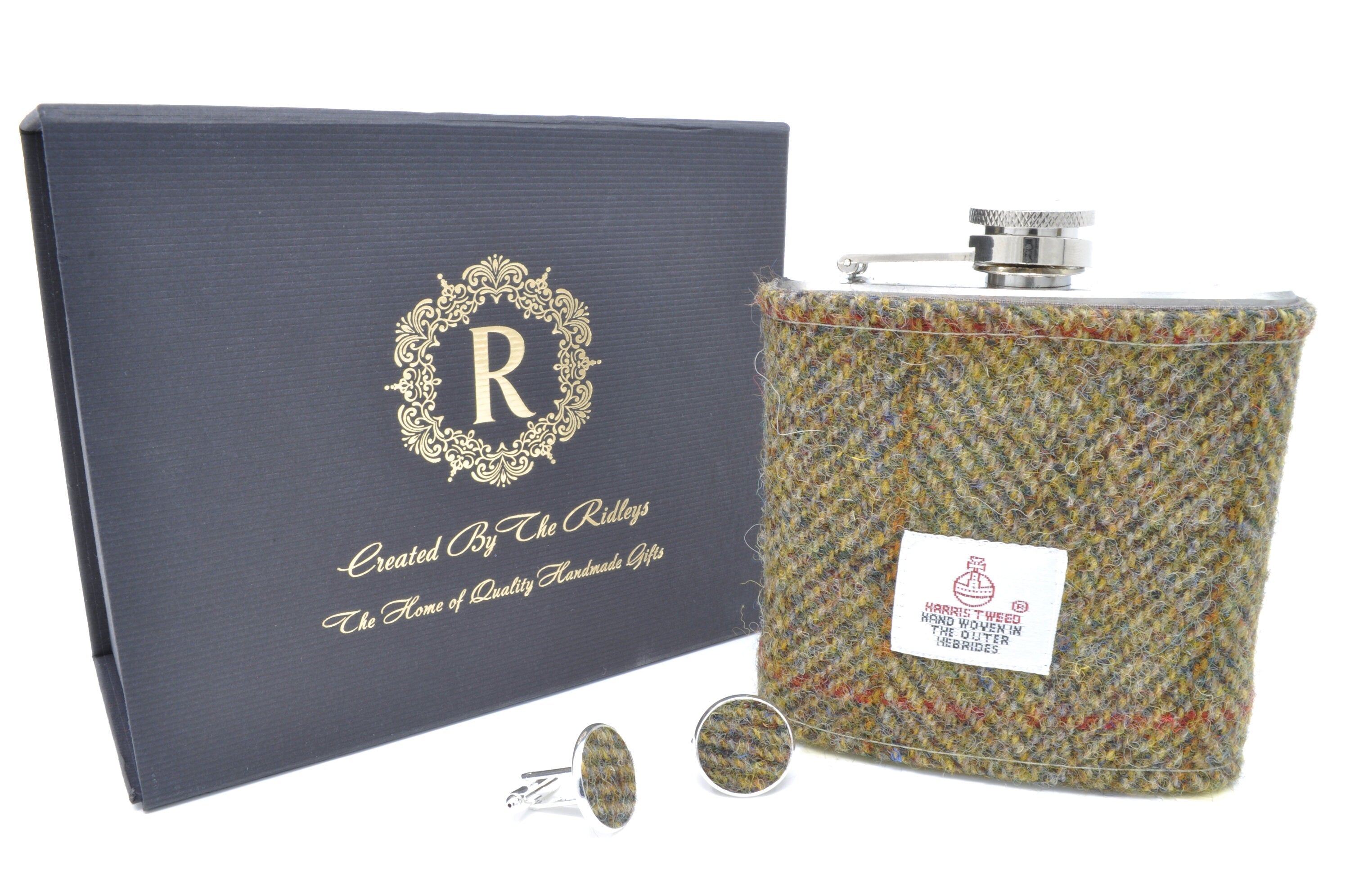 Harris Tweed Hip Flask with matching cufflinks- Best Man, Father of the Bride, Wedding Gift, Gift Boxed