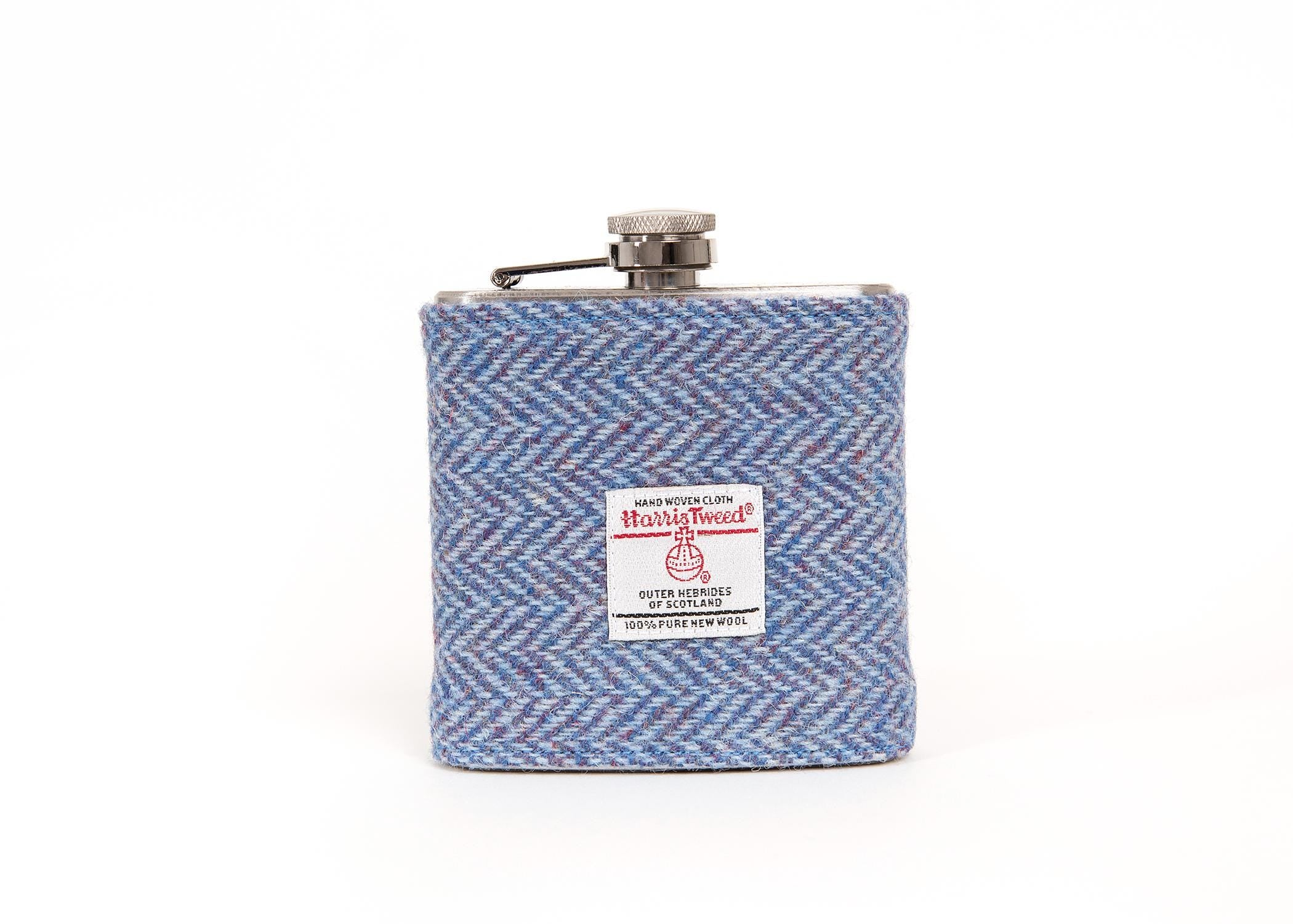 Blue Herringbone Harris Tweed Hip Flask FREE PERSONALISATION Groomsman Gift / Gift for Dad / Fathers Day / Anniversary