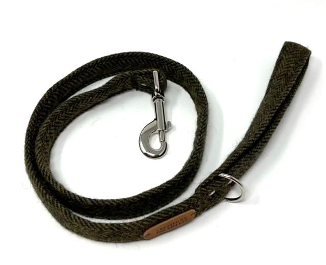 Handmade Tweed Dog Collar - Moss Green Herringbone - British Tweed - Handmade
