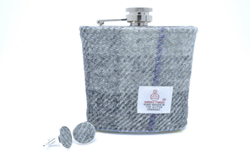 Harris Tweed Hip Flask with matching cufflinks- Best Man, Father of the Bride, Wedding Gift, Gift Boxed