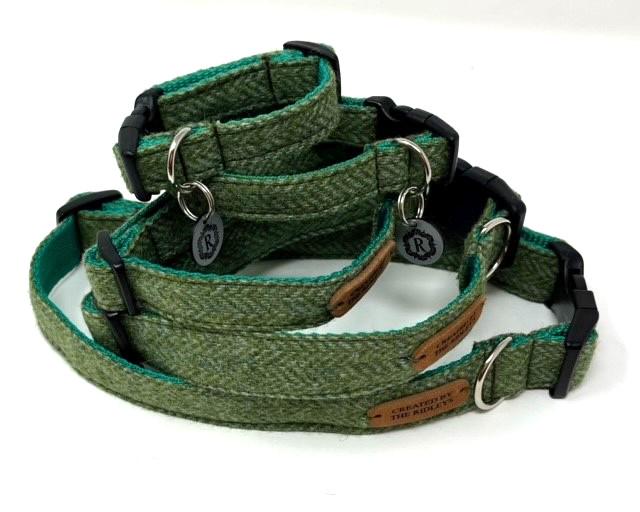 Handmade Tweed Dog Collar - Green Herringbone - British Tweed - Handmade