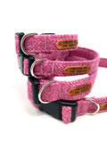 Handmade Pink Herringbone Tweed Dog Collar with Strong Buckle by The Ridleys showcasing multiple collar sizes in a pink colour scheme.